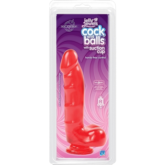 JELLY JEWELS - PENIS WITH TESTICLES AND SUCTION BASE - RUBY RED
