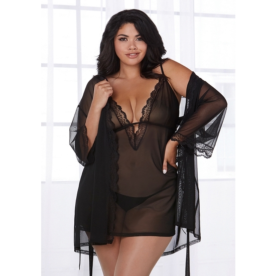 Stretch Mesh Nightgown And Robe - Black