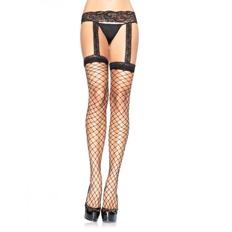 LEG AVENUE - FISHNET STOCKINGS WITH BLACK LACE GARTER GARTER LEG AVENUE HOSIERY