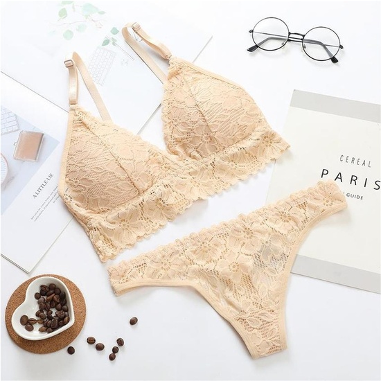 Bra And Panties Set With Floral Design And Transparencies Office Flesh
