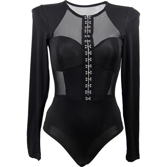 L-XL LONG SLEEVE MESH FITTED BODYSUIT WITH HOOK BUCKLES