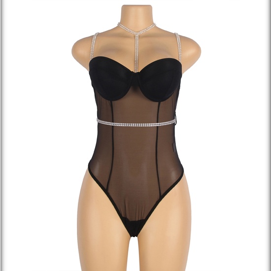 3XL BLACK MESH ONE PIECE BODYSUIT WITH RINGS AND DIAMOND BELT