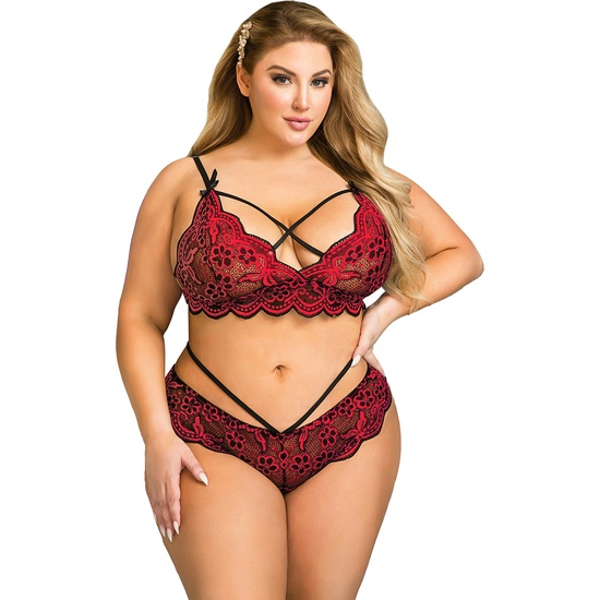 BRA AND PANTIES SET WITH CROSSED LACES AND RED EMBROIDERED DESIGN