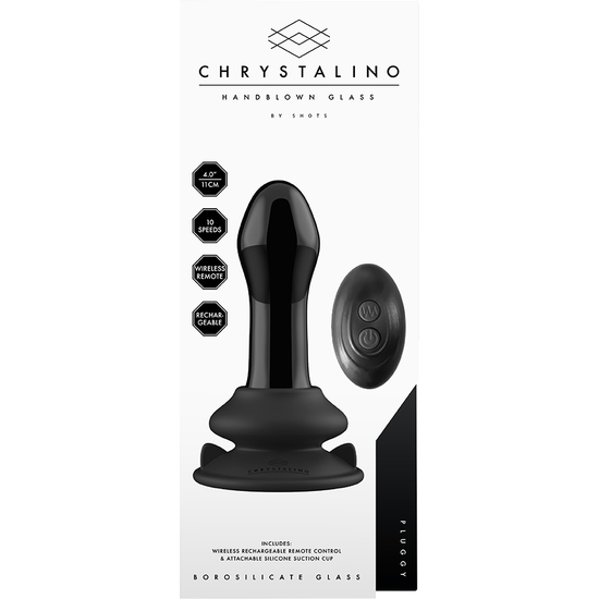 PLUGGY - GLASS VIBRATOR - WITH SUCTION CUP AND REMOTE - RECHARGEABLE - 10 SPEEDS - BLACK