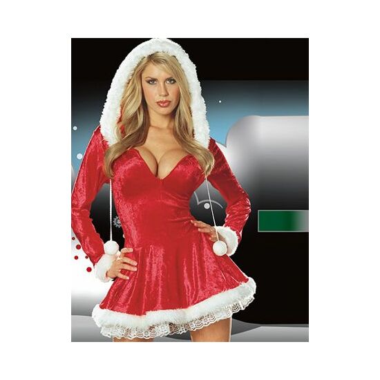 VELVET CHRISTMAS DRESS WITH LONG SLEEVES AND HOOD RED