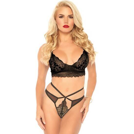 LACE BRALETTE SET WITH STRAPPY THONG - BLACK