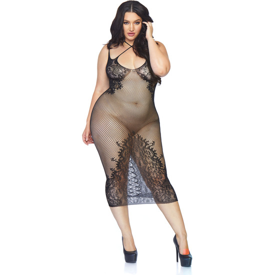 NET DRESS WITH OPENINGS AND LACE - BLACK