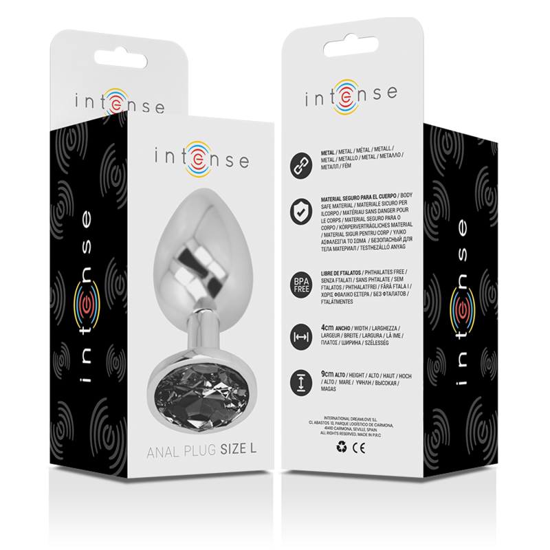 Intense - Aluminum Metal Anal Plug With Black Glass Size L INTENSE - ALUMINUM METAL ANAL PLUG WITH BLACK GLASS SIZE L