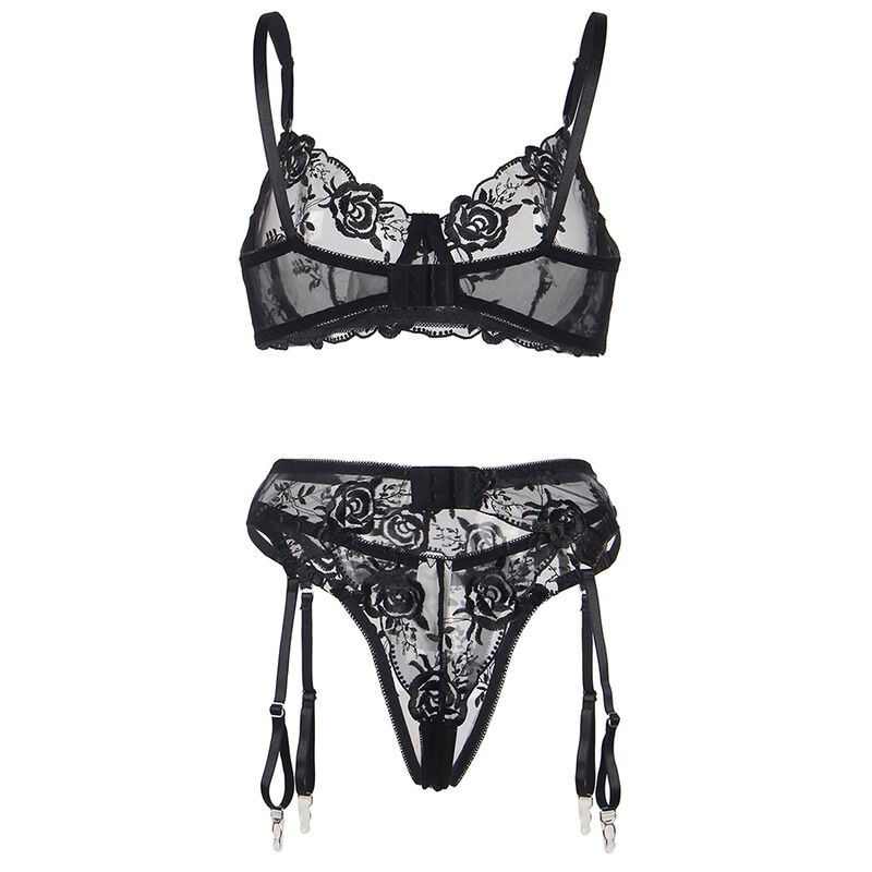 SUBBLIME - SET OF 3 PIECES BRA + THONG + GARTER FLORAL PRINT BLACK L/XL