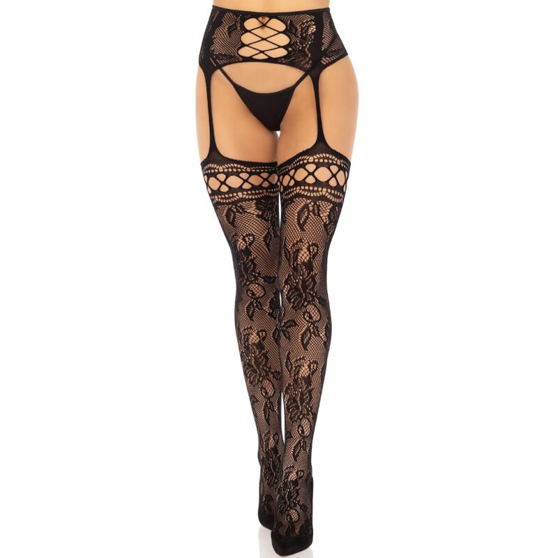 LEG AVENUE - FLORAL LACE GARTER STOCKINGS BLACK LEG AVENUE HOSIERY