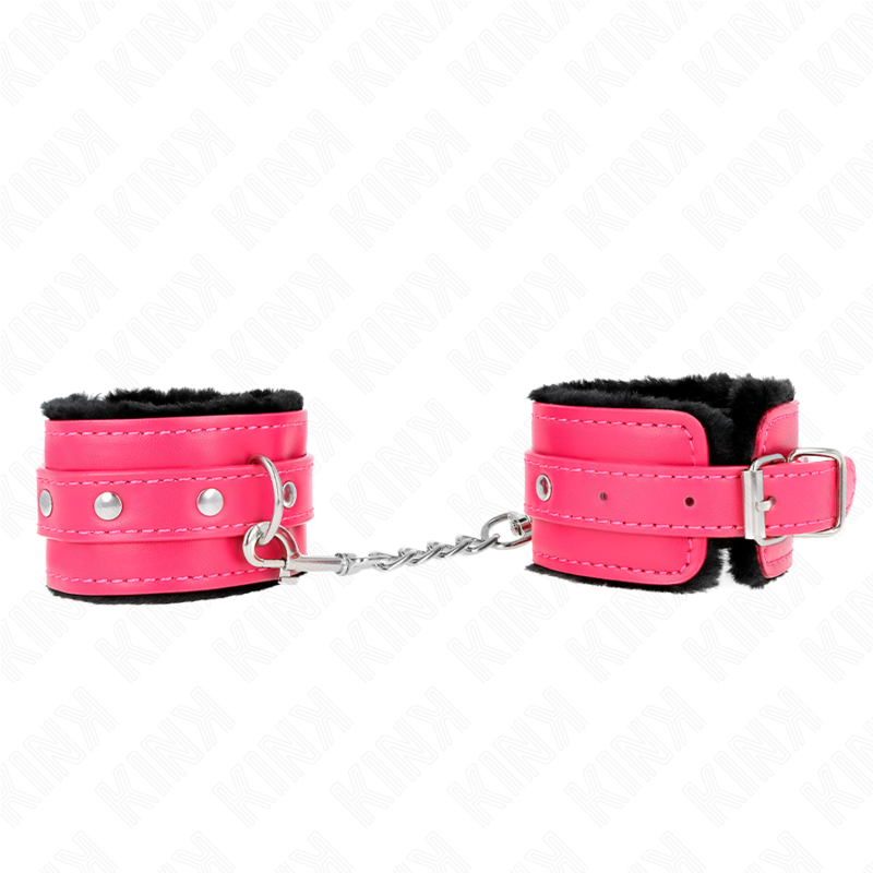 KINK - PREMIUM FUR LINED WRIST RESTRAINTS BLACK WITH RASPBERRY ROSE BELT ADJUSTABLE 17-29 CM X 6 CM KINK WRIST RESTRAINT