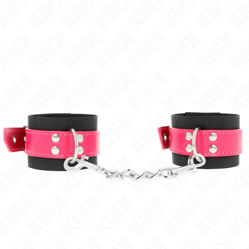 KINK - NYLON WRIST RESTRAINTS BLACK WITH LEATHERETTE BELT RASPBERRY ROSE ADJUSTABLE 19-29 CM X 5.1 CM KINK WRIST RESTRAINT