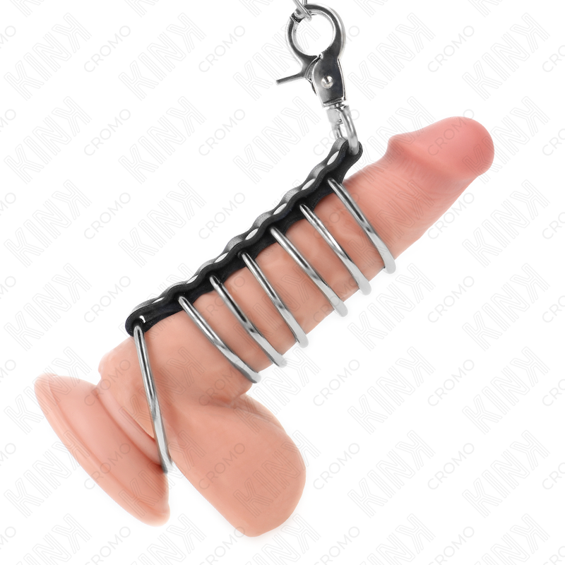 KINK - 7 METAL PENIS RINGS 3.8 CM TO 5 CM CONNECTED WITH LEATHER AND METAL CHAIN 100 CM KINK RING POWER