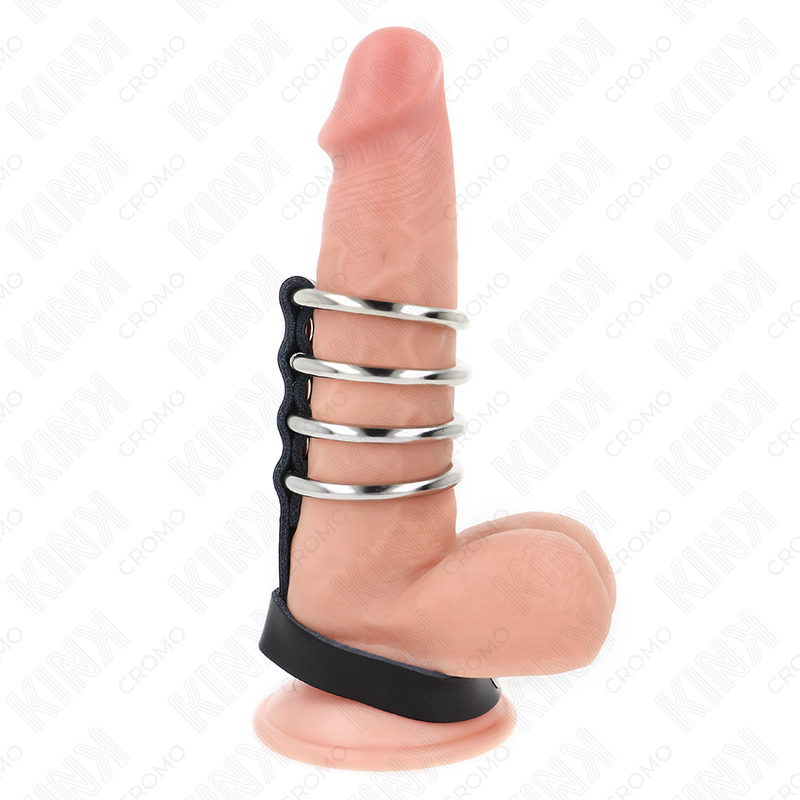 KINK - 4 METAL PENIS RINGS 3.8 CM CONNECTED WITH LEATHER STRAP 22 X 1.5 CM AND PRESSURE CLOSURE KINK RING POWER
