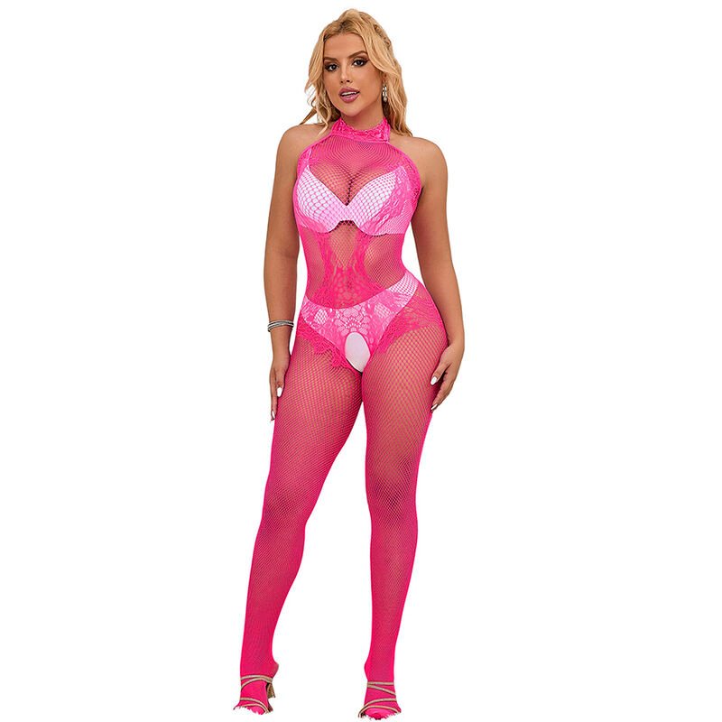 Buy Subblime - 952389 Fishnet And Lace Crotchless Bodystocking With High Neck Pink One Size SUBBLIME - 952389 FISHNET AND LACE CROTCHLESS BODYSTOCKING WITH HIGH NECK PINK ONE SIZE SUBBLIME BODYSTOCKINGS