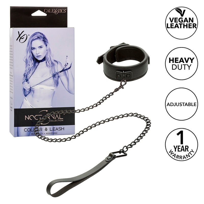 CALEXOTICS - NOCTURNAL COLLAR & LEASH LEATHER ADJUSTABLE BLACK CALEXOTICS