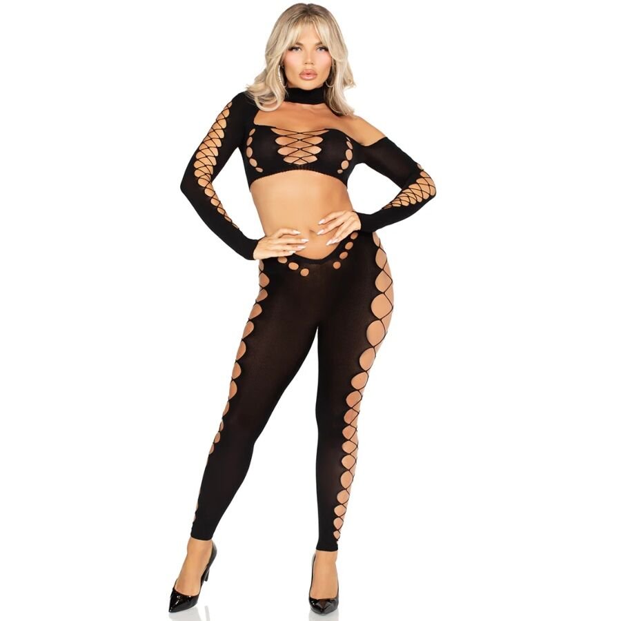LEG AVENUE - CROP TOP AND LEGGINGS CUT-OUT SEAMLESS BLACK LEG AVENUE SETS