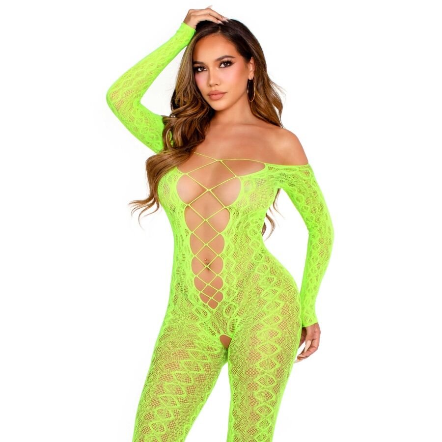 LEG AVENUE - CROTCHLESS BODYSTOCKING EXOTIC SNAKE LACE NEON GREEN LEG AVENUE BODYSTOCKINGS