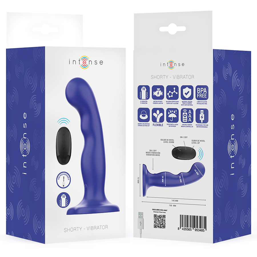 Intense - Shorty Vibrator With Suction Cup Blue Remote Control INTENSE - SHORTY VIBRATOR WITH SUCTION CUP BLUE REMOTE CONTROL