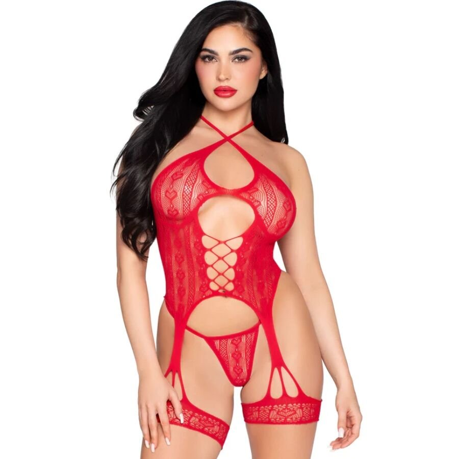 LEG AVENUE - 89338 LACE OPEN BODYSUIT WITH GARTER BELT + THONG RED - ONE SIZE LEG AVENUE BODYSTOCKINGS