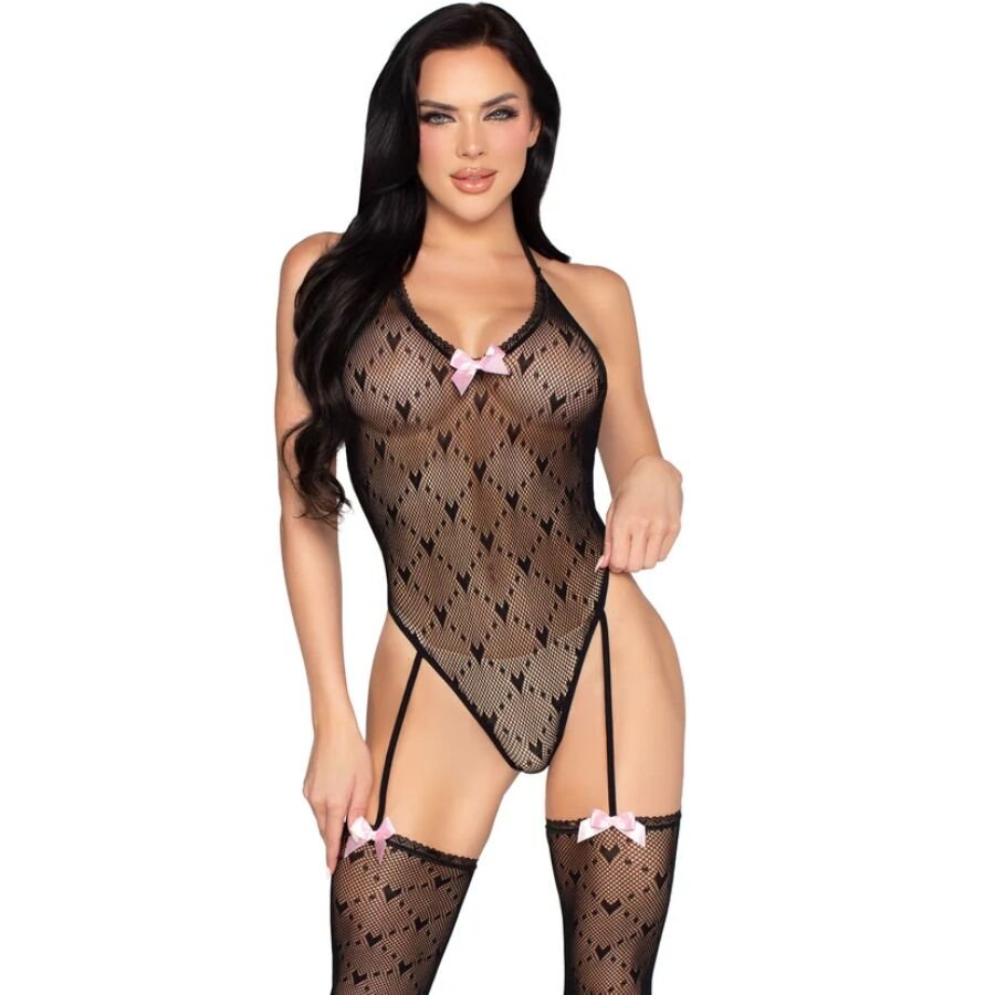 LEG AVENUE - 89360 OPEN BACK BODYSUIT WITH GARTER BELT BLACK- ONE SIZE LEG AVENUE TEDDIES
