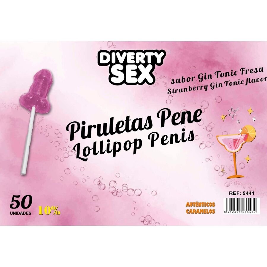 DIABLO GOLOSO - 50 PENIS LOLLIPOPS GIN TONIC STRAWBERRY FLAVOR 10% ALCOHOL DIABLO GOLOSO